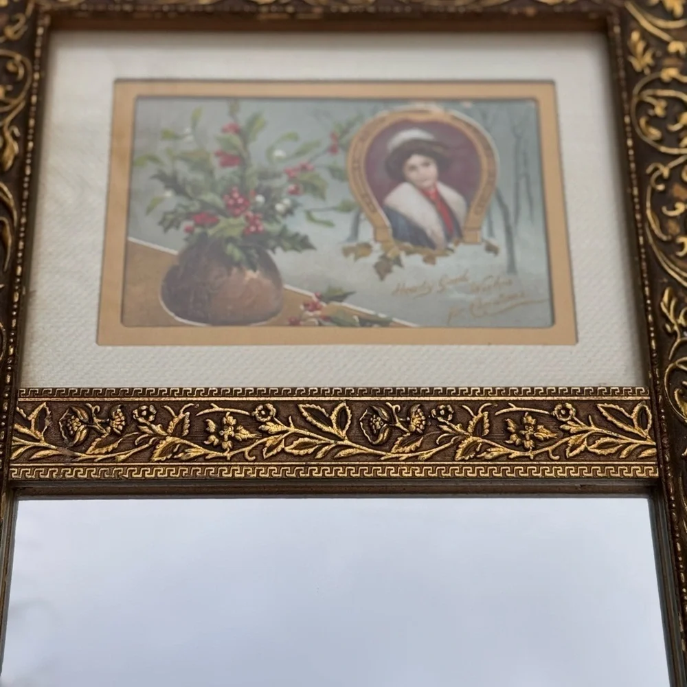 Vintage Estate Gold Framed Wall Mirror with Holiday Advertisement